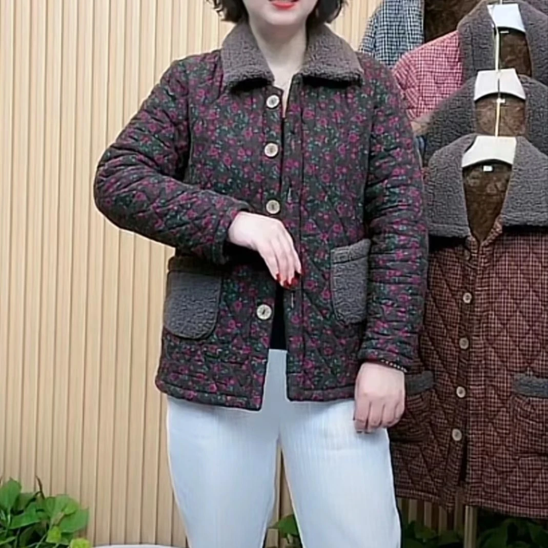 妈妈洋气碎花短款棉服中年女装秋冬装棉袄外套中老年加绒时尚棉衣