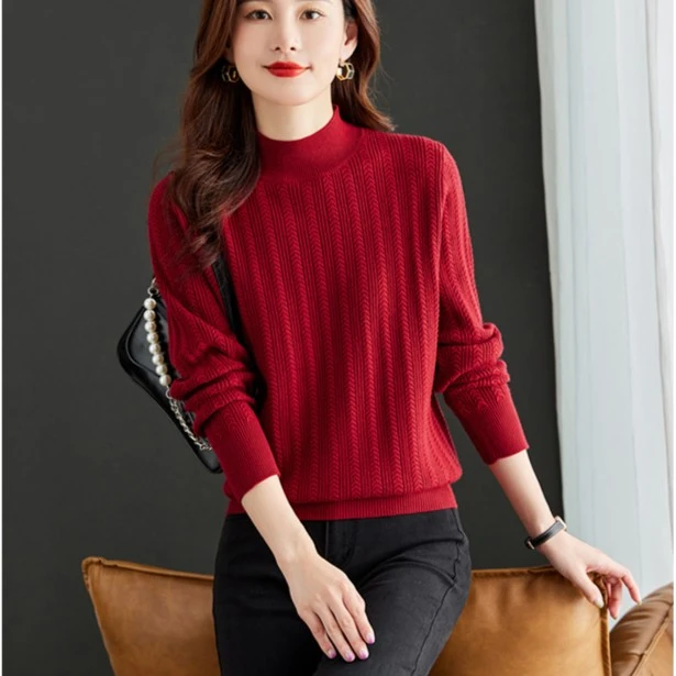 半高领打底衫女2023秋冬新款修身长袖内搭慵懒风中领针织上衣2585