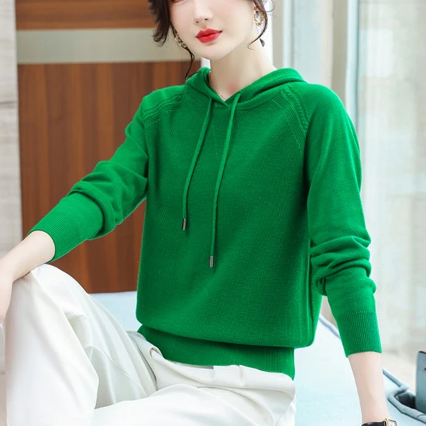 2024年春秋百搭套头洋气新款纯色长袖连帽针织衫2212韩版宽松时尚