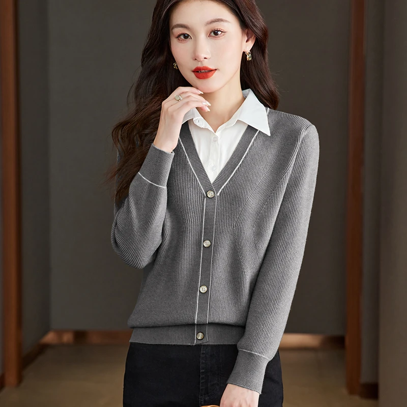 衬衫领假两件针织衫女2024秋冬长袖宽松时尚百搭打底衫上衣5837