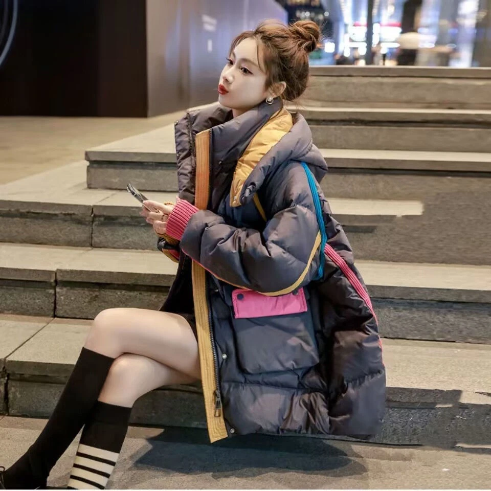 羽绒服女年冬季新款拼色宽松中长款小众设计感加厚潮流外套款款