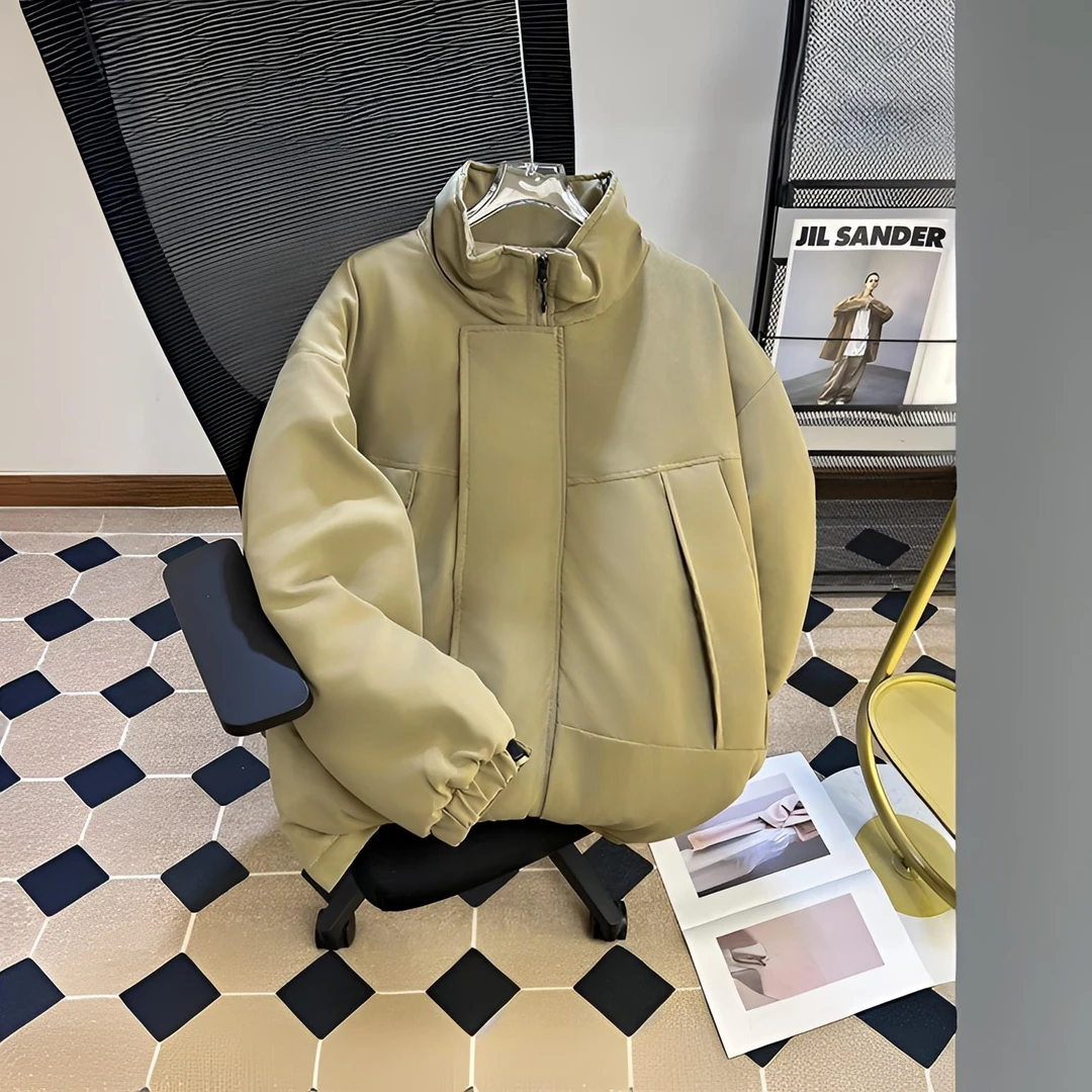 冬季日系复古街头宽松立领防风保暖纯色工装棉衣外套男女加厚棉服