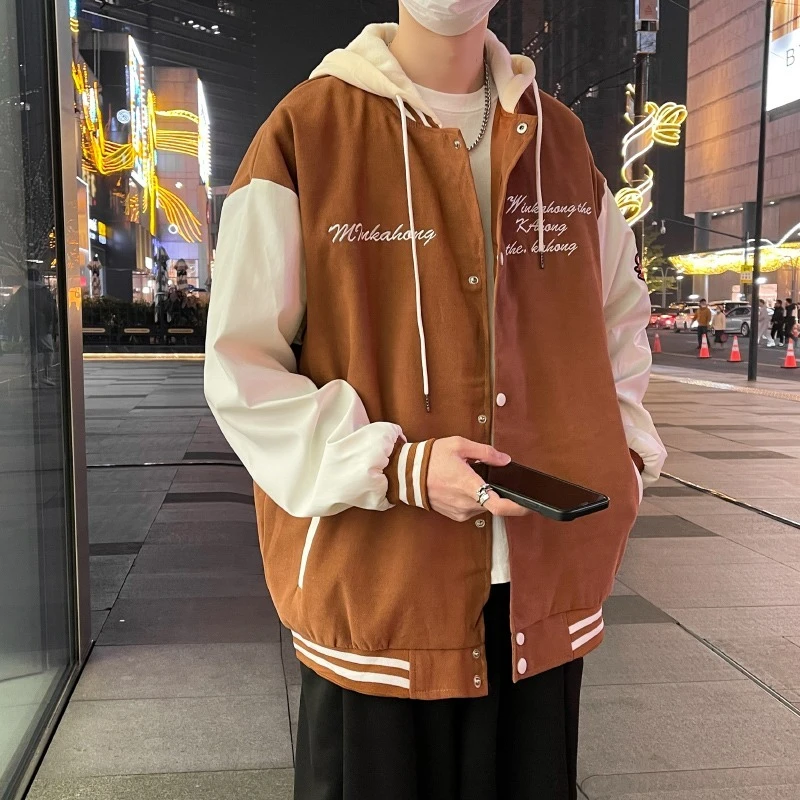 男潮牌宽松休闲连帽刺绣青少年夹克棒球服潮春秋日系撞色拼接外套