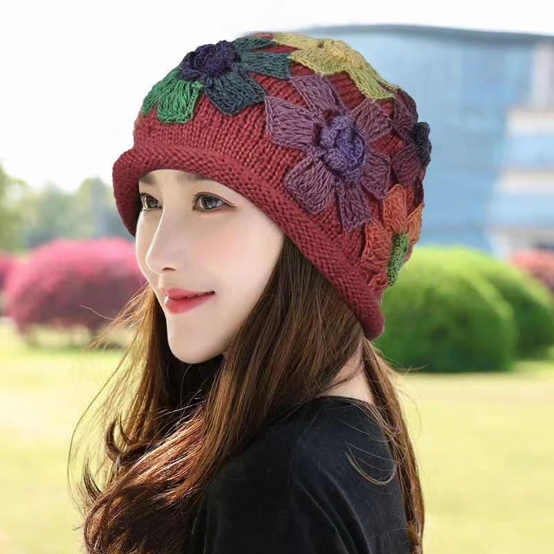 文艺复古彩色花朵包头帽子女秋冬民族风甜美百搭显脸小毛线套头帽