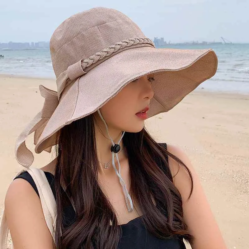 帽子女夏防晒遮阳帽大檐防紫外线蝴蝶结百搭时尚太阳帽遮脸渔夫帽