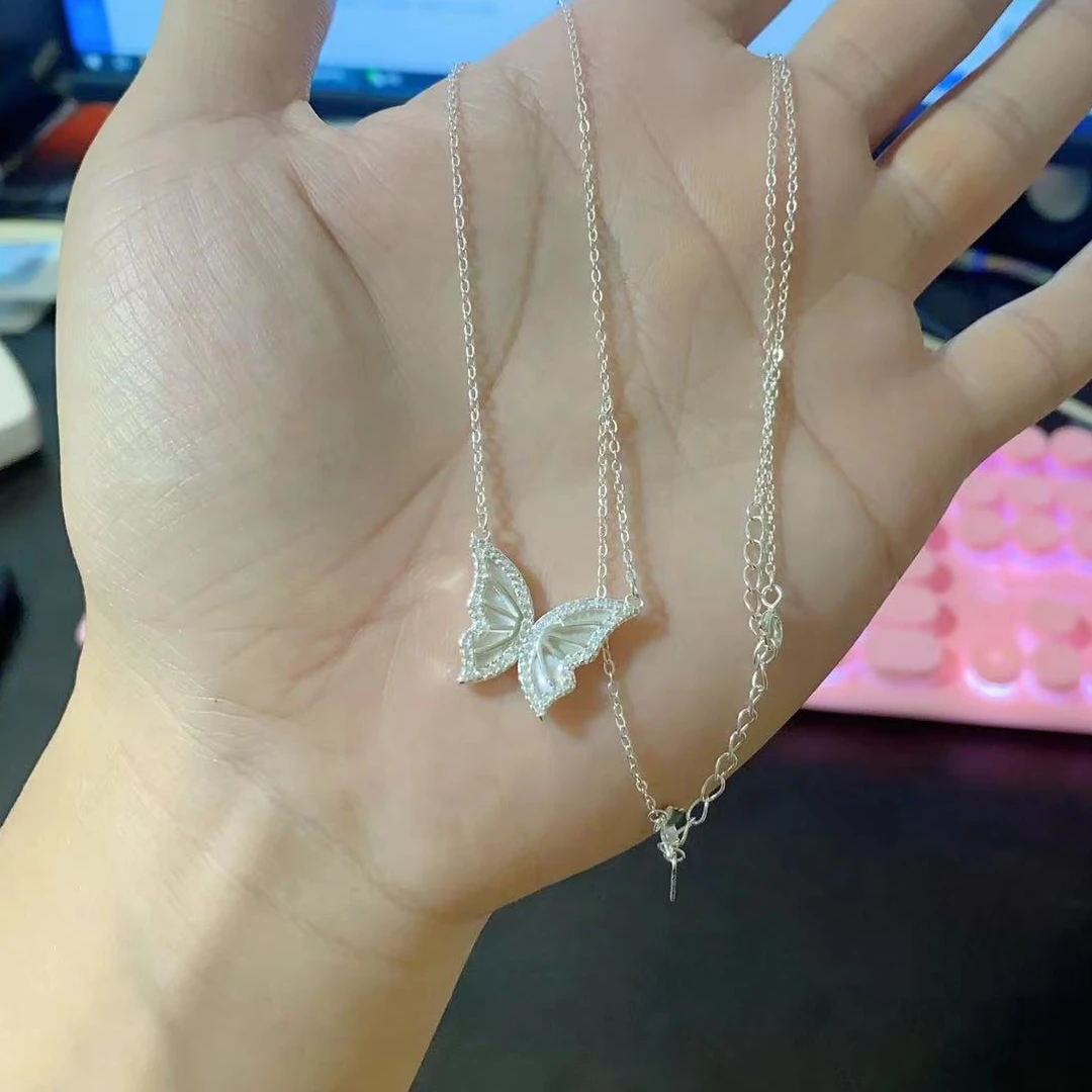 坠链均足银 足银蝴蝶项链闪耀水钻项链带坠C02