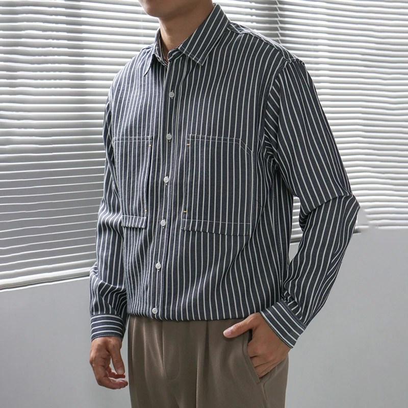 竖条纹肌理提花双口袋衬衫男宽松日系长袖春秋上衣男士衬衣