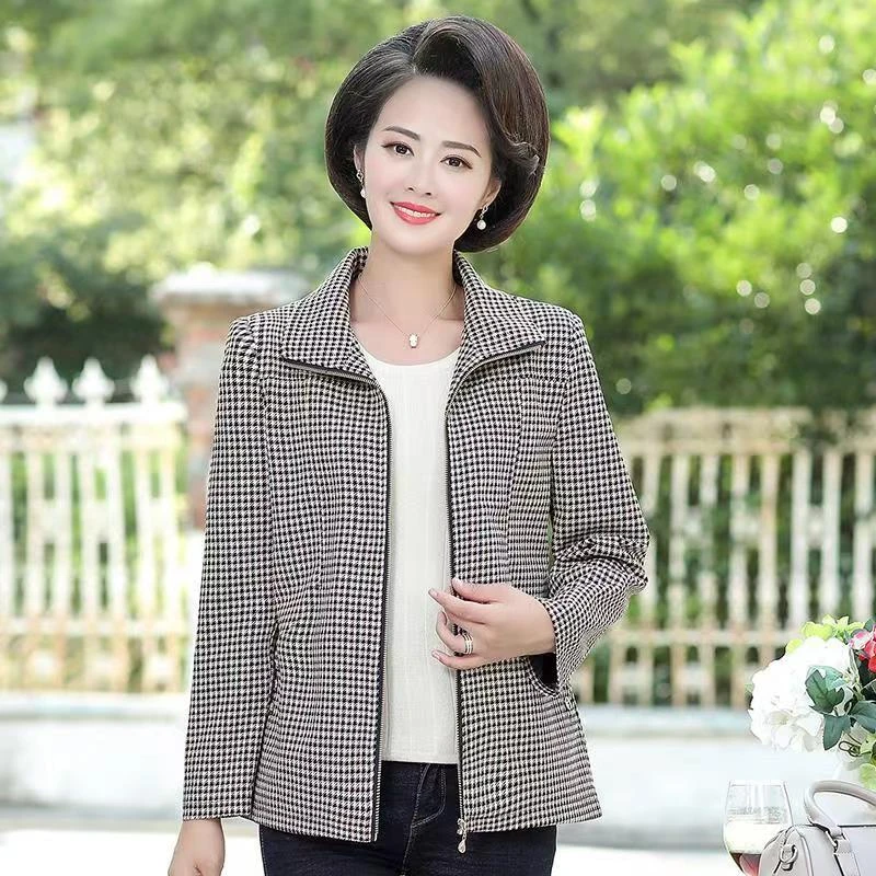 2590春秋季新款长袖女外套翻领妈妈装薄款拉链印花上衣（大仓）