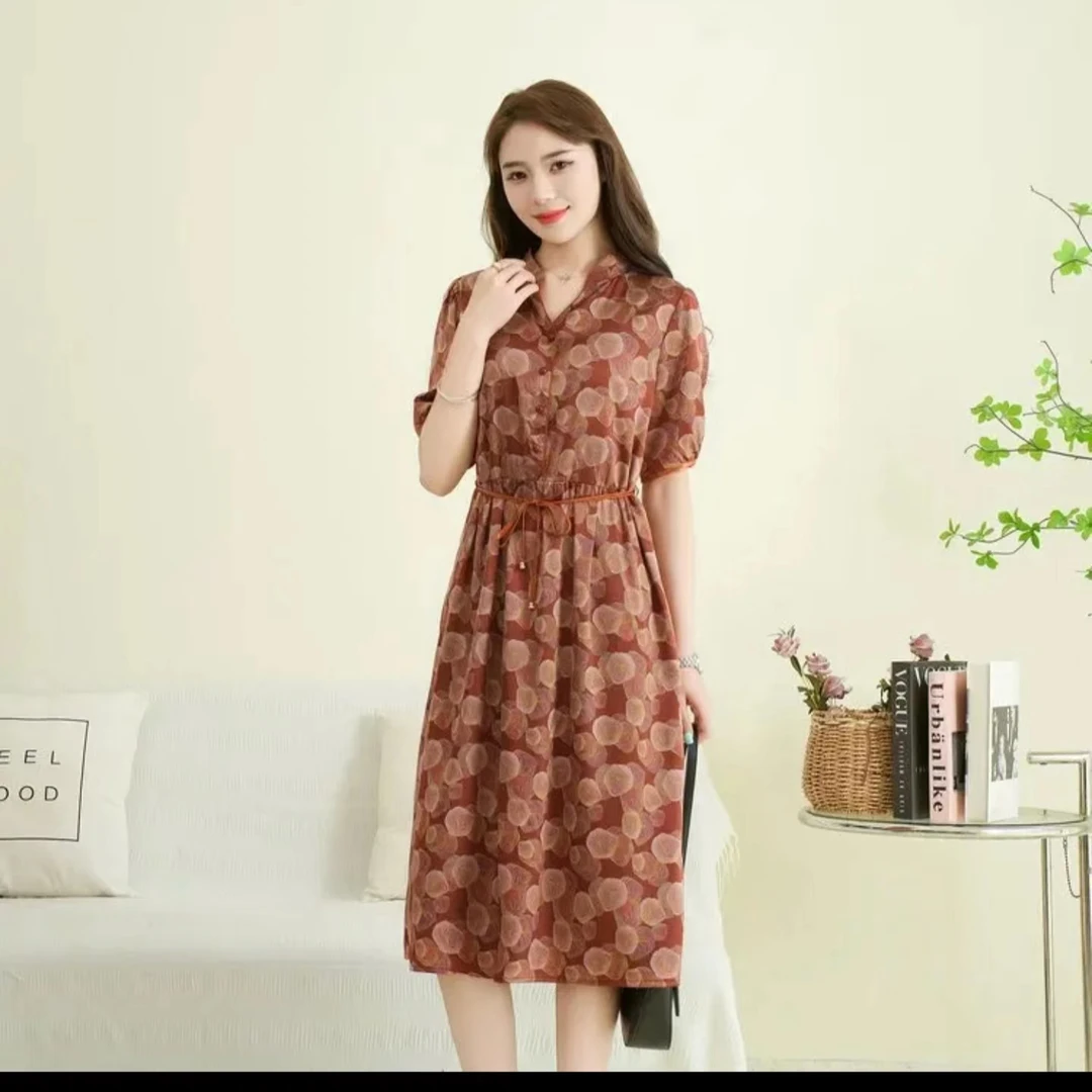 4703中年妈妈雪纺连衣裙女新款印花洋气质收腰显瘦裙子-老仓库