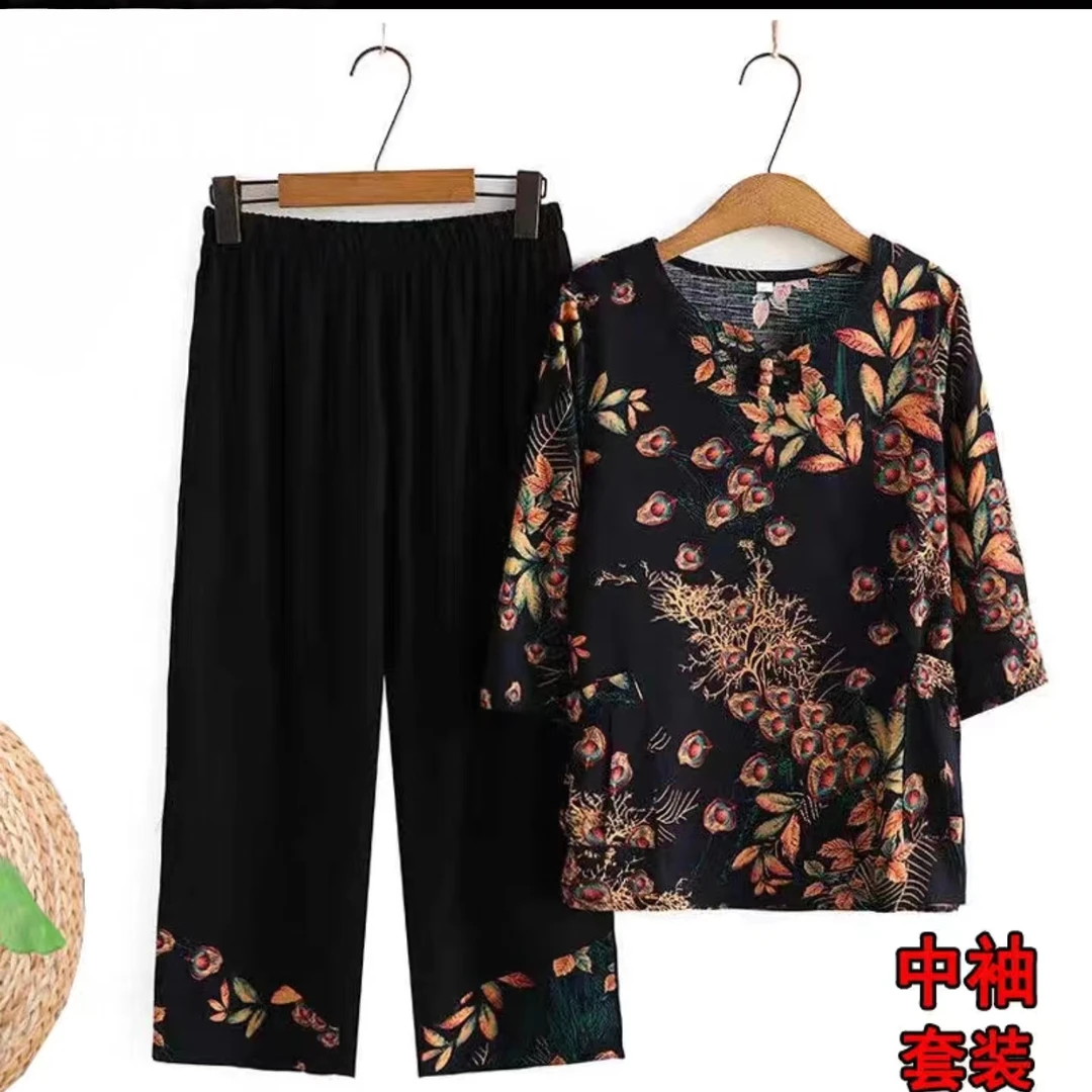 4722双兜中老年夏装女中袖妈妈装套装奶奶装老人衣服裤子-老仓