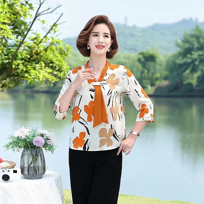 2105-新款夏季显瘦宽松妈妈装印花遮肚V领衬衫Q17-4-3