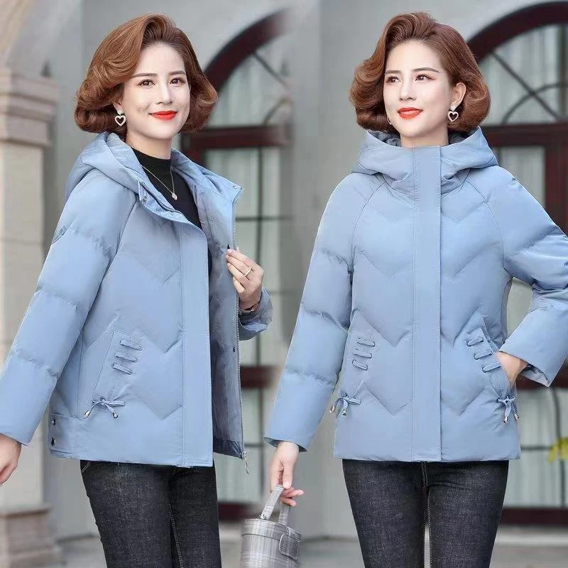 313-Y时尚妈妈装宽下摆连帽棉服短款加厚大码保暖韩版老年女士