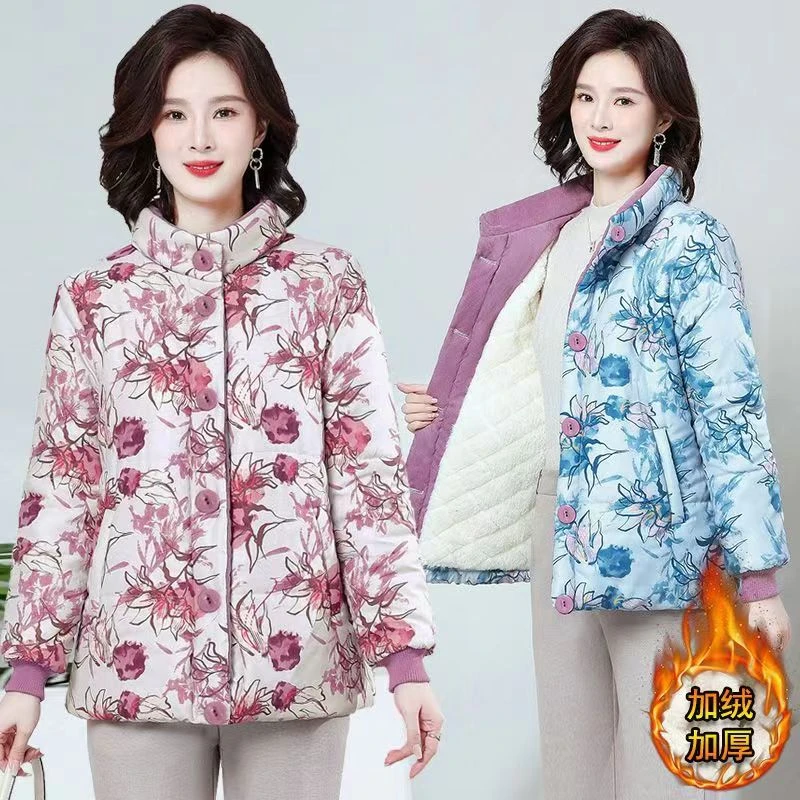 2400冬季新款加绒加厚印花防风立领保暖棉服