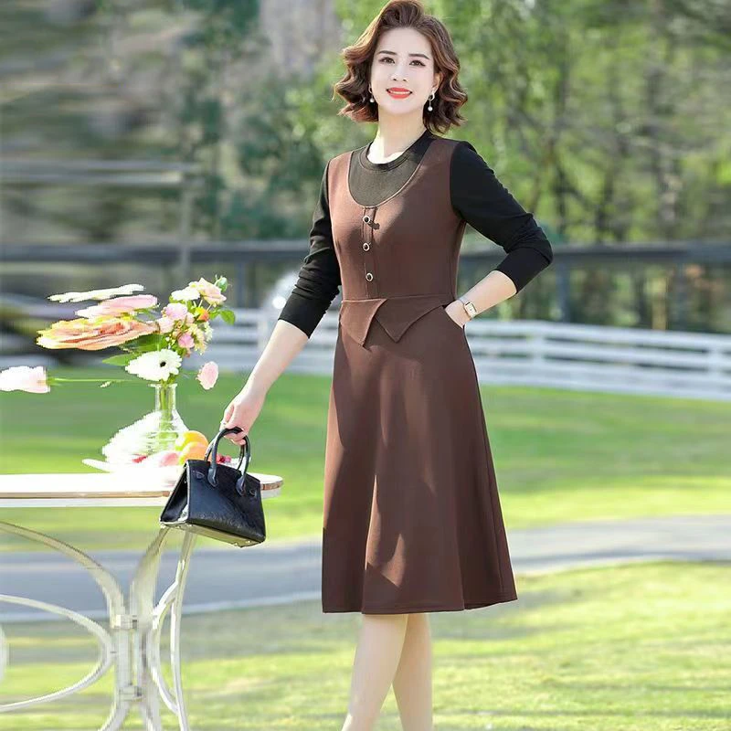 2388妈妈装连衣裙洋气假两件显瘦春秋气质长袖收腰裙子