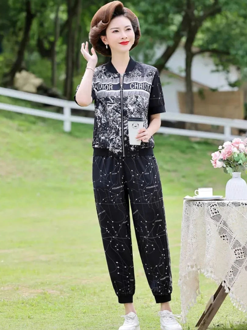 4273时尚妈妈装夏季短袖开衫套装女装休闲外套运动九分裤（2号）