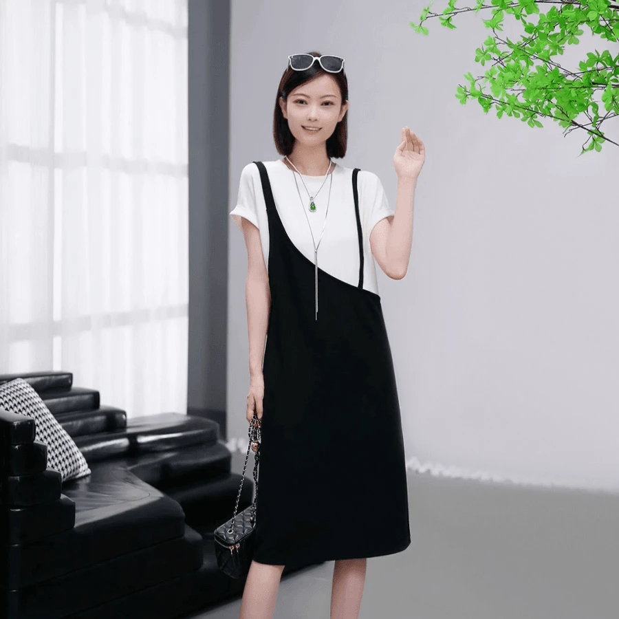 ColorArea/色域夏季重工设计感显瘦减龄韩版气质时尚假两件连衣裙