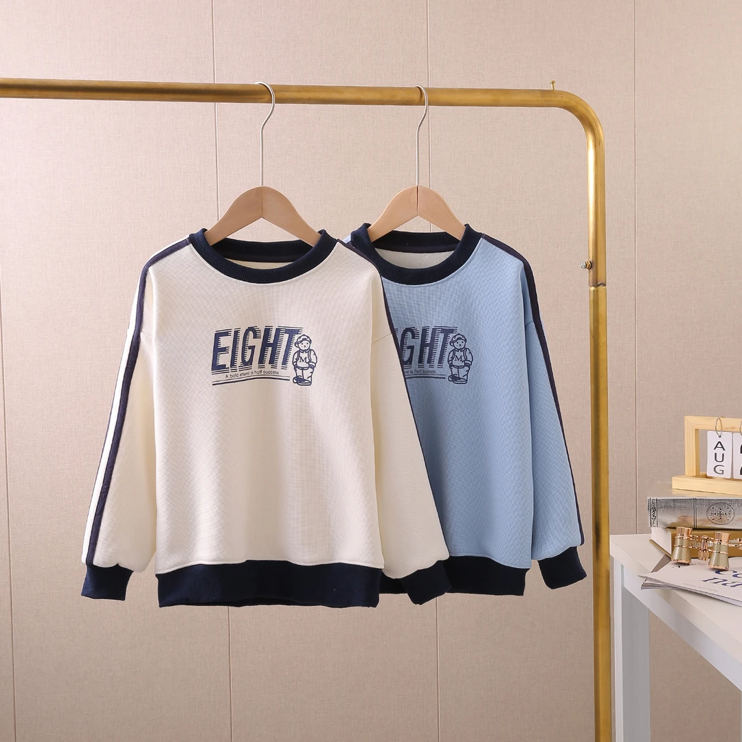 韩国小熊秋冬儿童加绒加厚华夫格复合奥利绒圆领卫衣卡通上衣