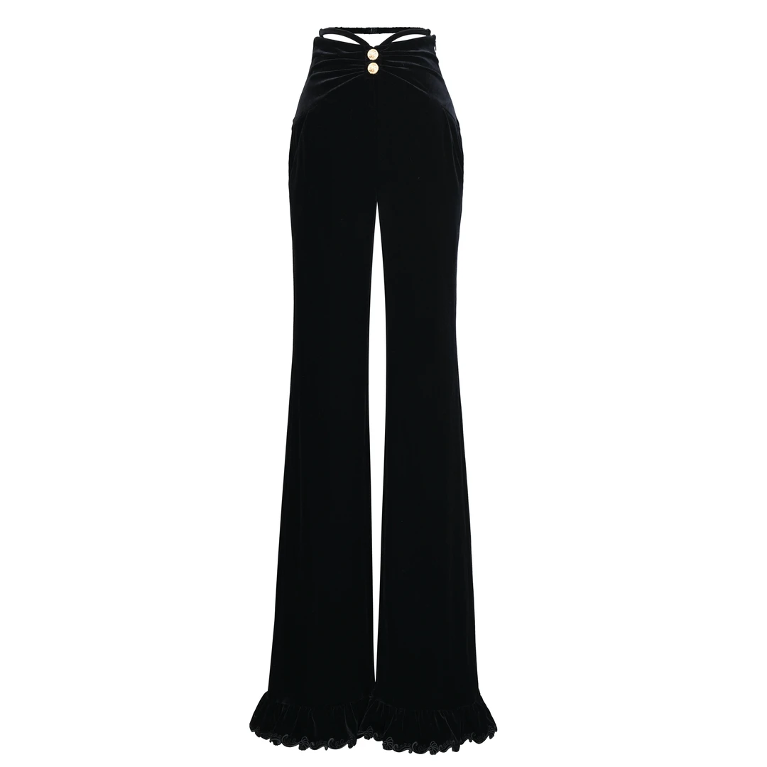 LeFame/拉飞姆秋冬时尚百搭气质女士黑色丝绒长裤LF23D11SP207