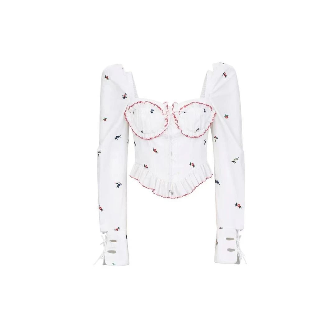 LeFame/拉飞姆春季时尚短款白色女荷叶边中式上衣LF23C41Q01W153