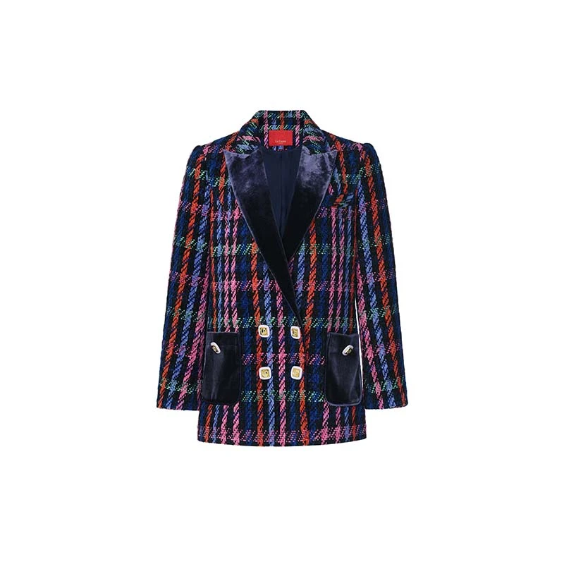 LeFame/拉飞姆摩登时尚港风紫格撞色H型长外套LF24C41SC151