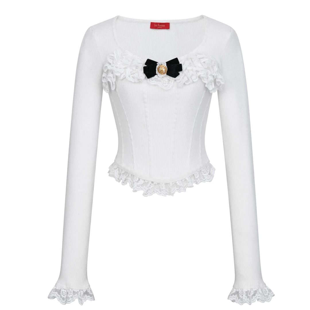 LeFame/拉飞姆冬季时尚气质白色女款提花针织上衣LF23D11ZB268