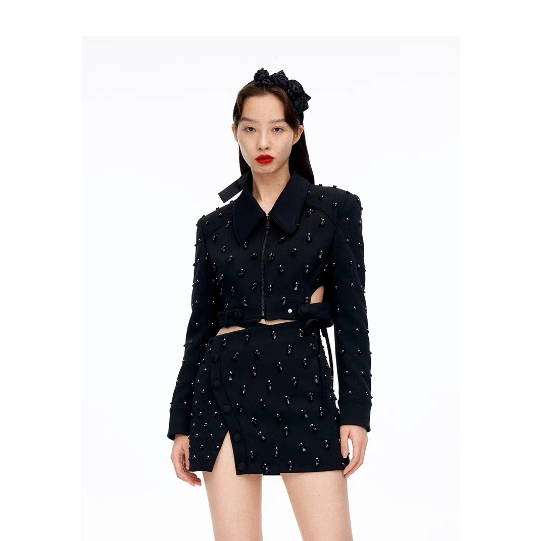 LeFame/拉飞姆时尚气质黑色女装收腰短款长袖外套LF22Q12C01B120