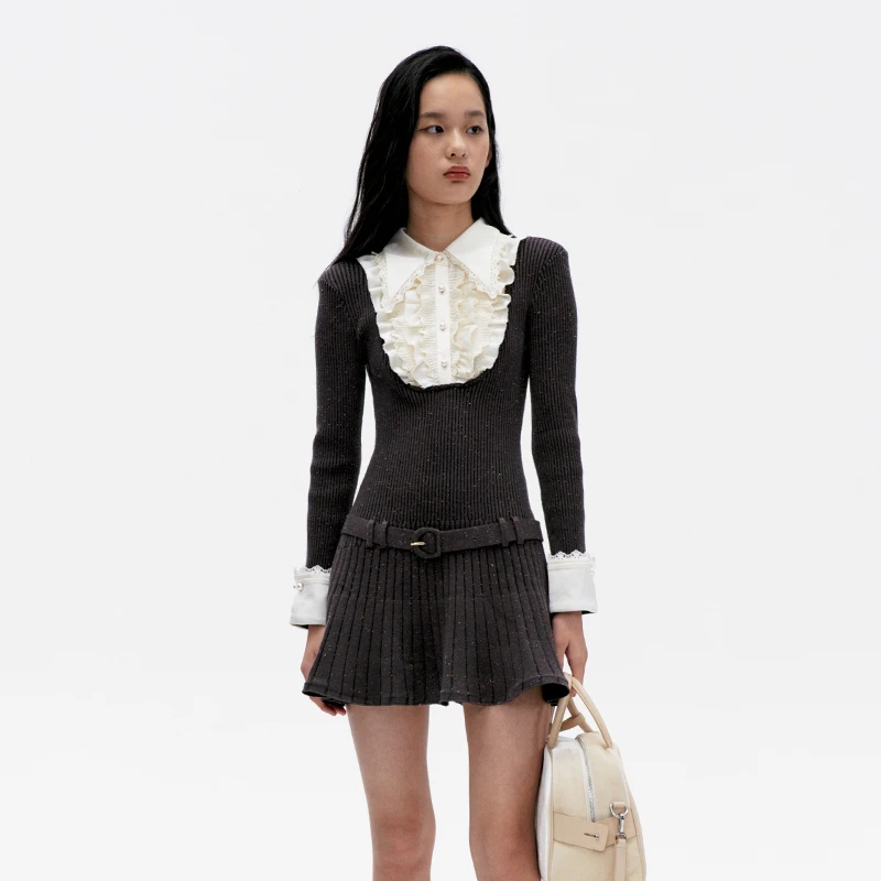 LeFame/拉飞姆法师摩登蕾丝压褶通勤风针织连衣裙LF24D21ZO374