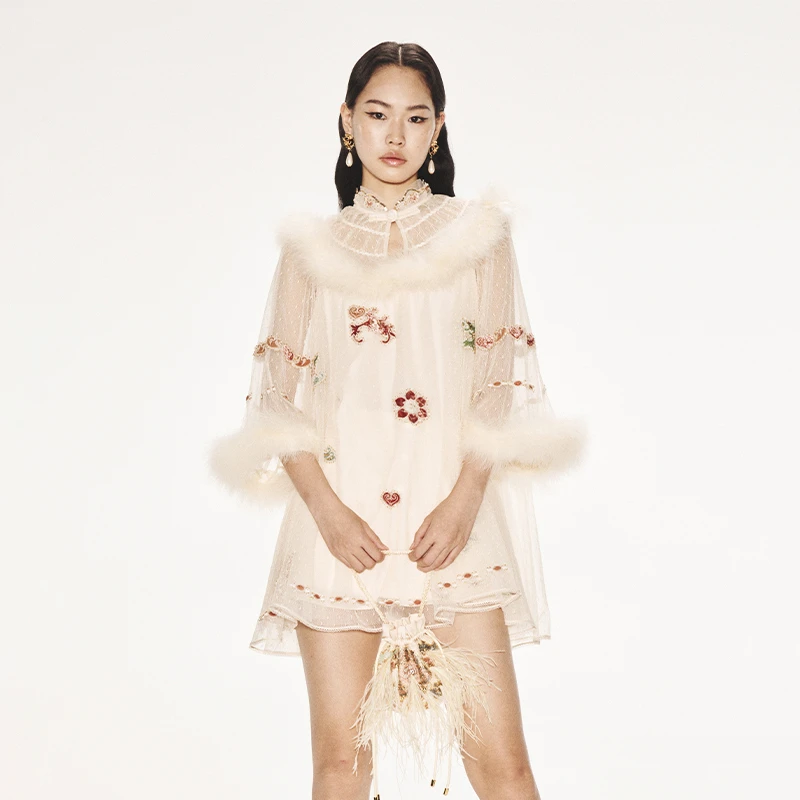 LeFame/拉飞姆中式宝相花图案刺绣网纱连衣裙LF23D21SO227