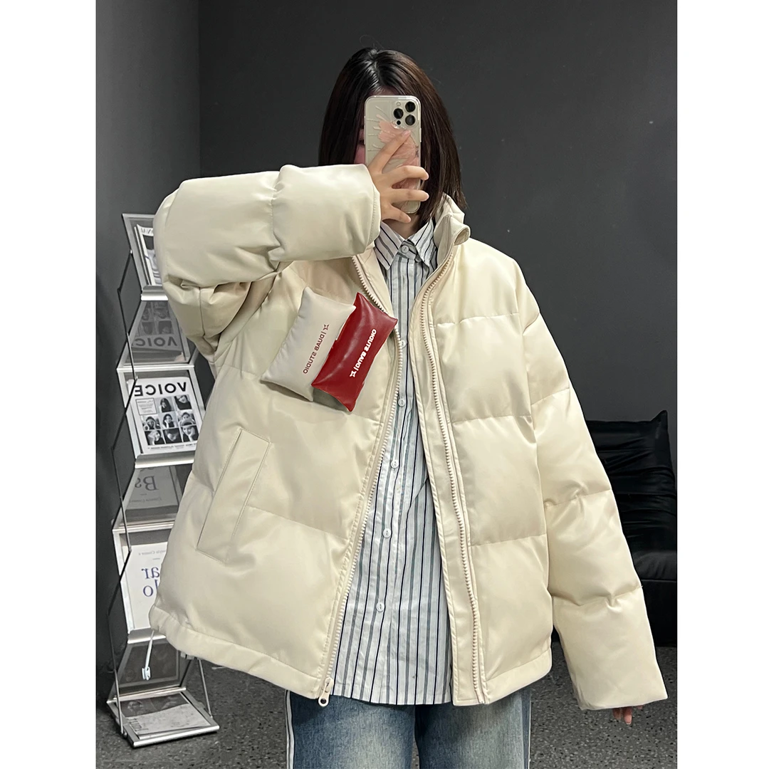 清 加厚保暖情侣宽松皮质外套防风加厚立领PU皮棉服百搭帅气棉衣