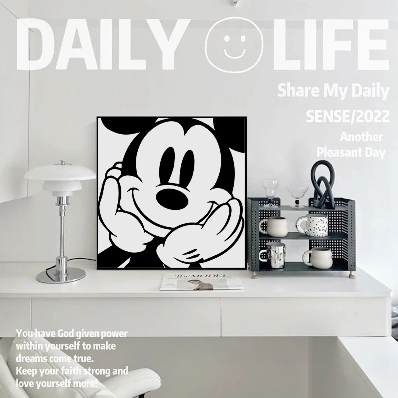 黑白米奇装饰画ins 风卧室客厅床头米妮挂画港风米老鼠简约餐厅画