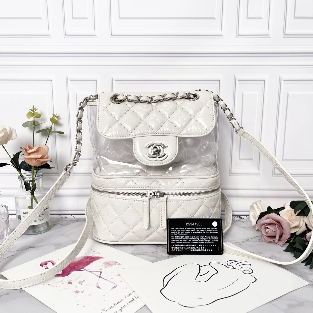 95新 Chanel/香奈儿 白色透明双肩包小香风时尚