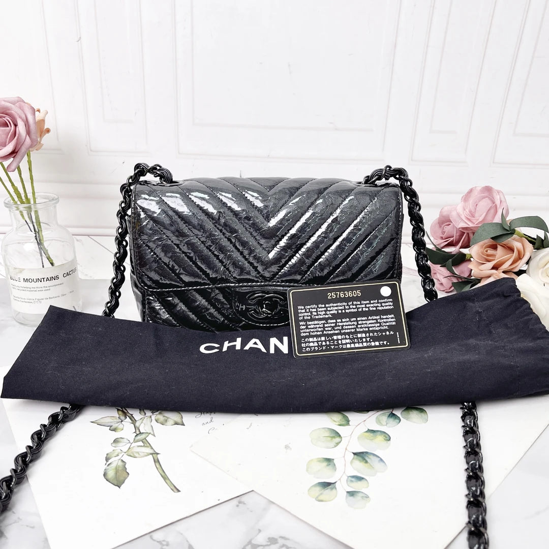 95新 Chanel/香奈儿 黑色漆皮大迷你mini单肩包经典