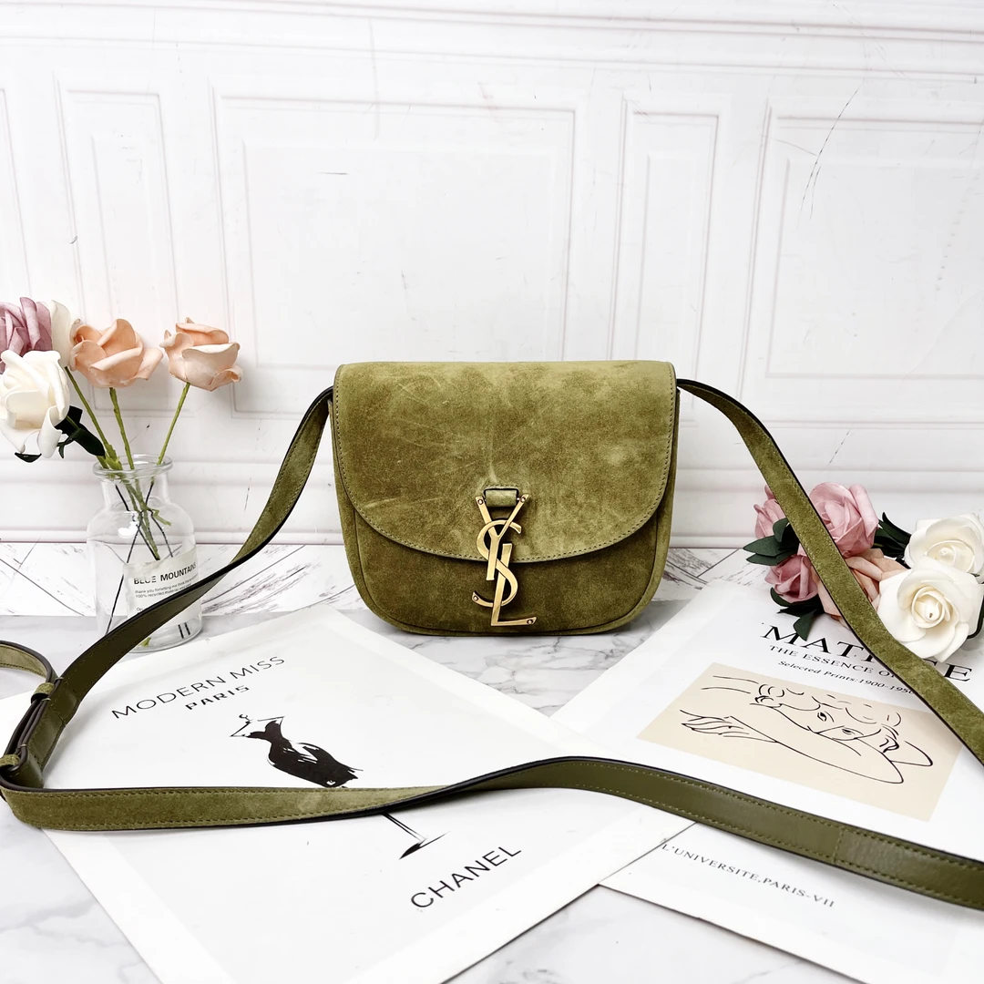 95新 YSL/圣罗兰 YSL/圣罗兰绿色翻毛皮翻盖单肩包