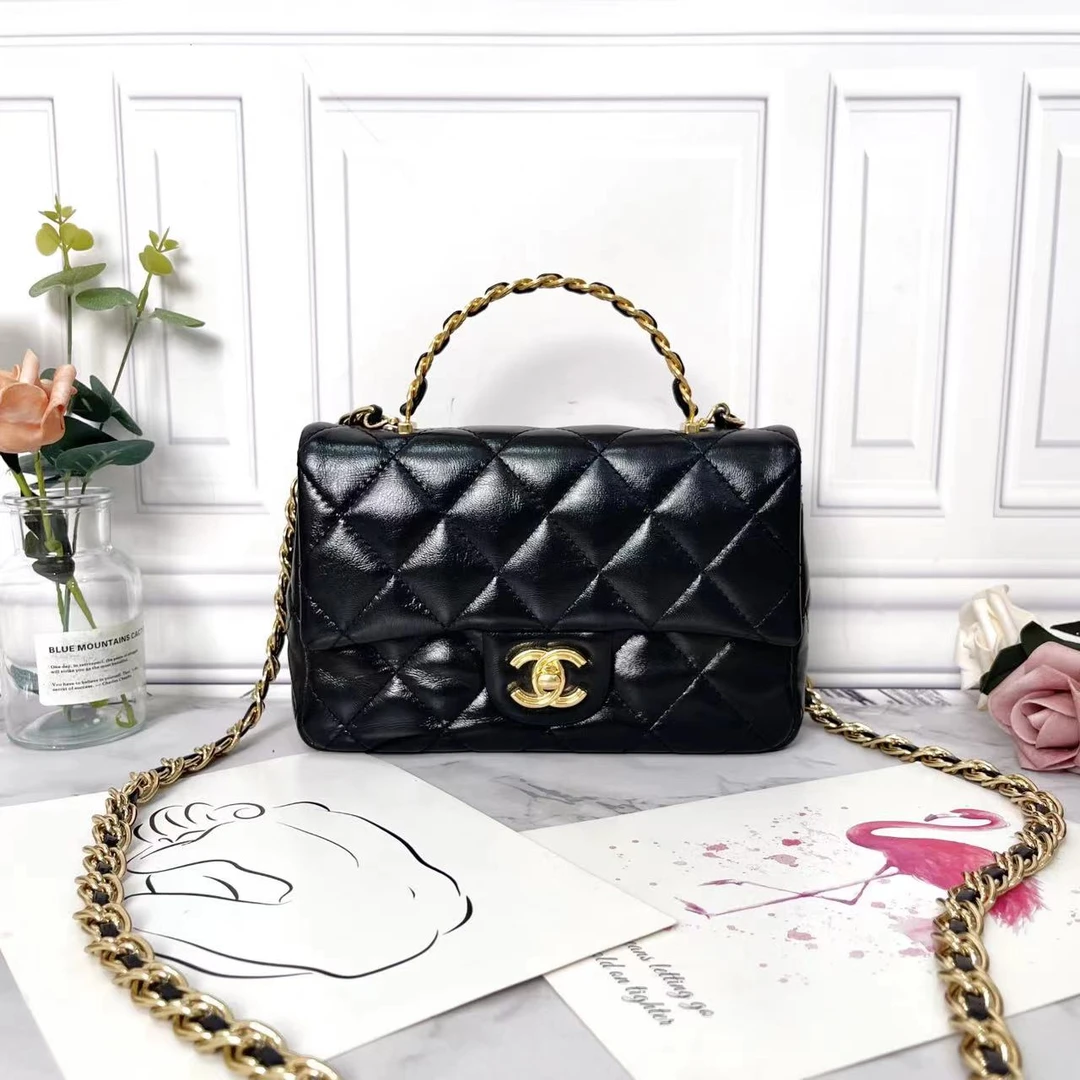 95新 Chanel/香奈儿 黑金23s大mini handle油蜡皮单肩包时尚