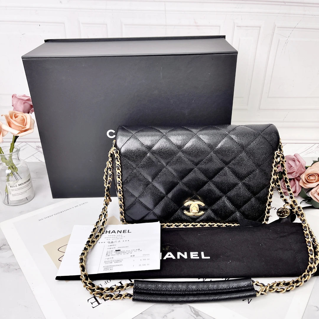 95新 Chanel/香奈儿 CHANEL/香奈儿黑色牛皮荔枝纹翻盖单肩包98新