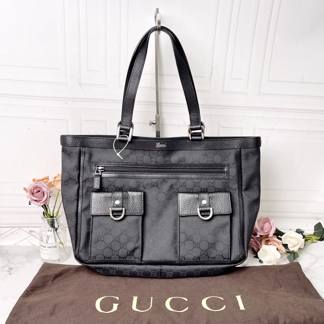 95新 GUCCI/古驰 黑色布面手提包时尚