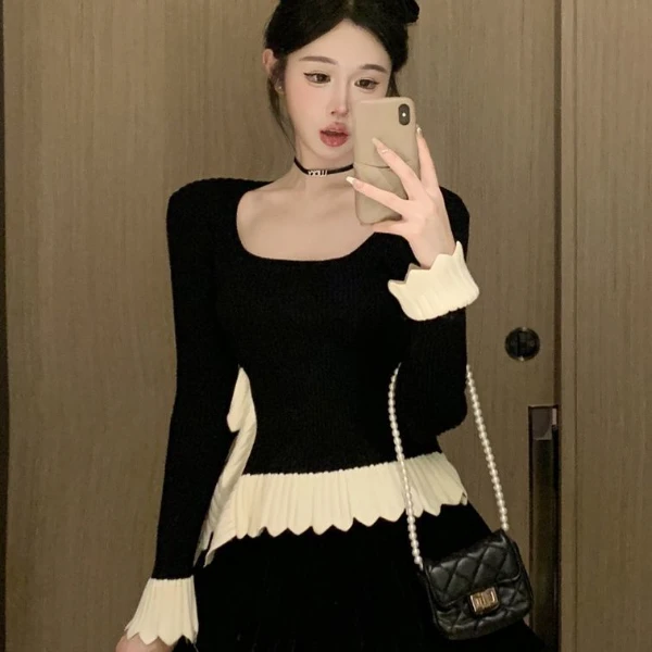 今年流行百搭套头长袖方领荷叶边设计感针织衫上衣秋冬打底衫毛衣