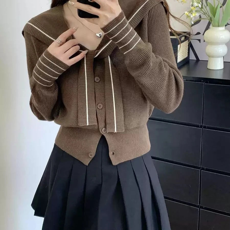 法式减龄百搭针织开衫拼接撞色带披肩显瘦长袖淑女学院风毛衣外套