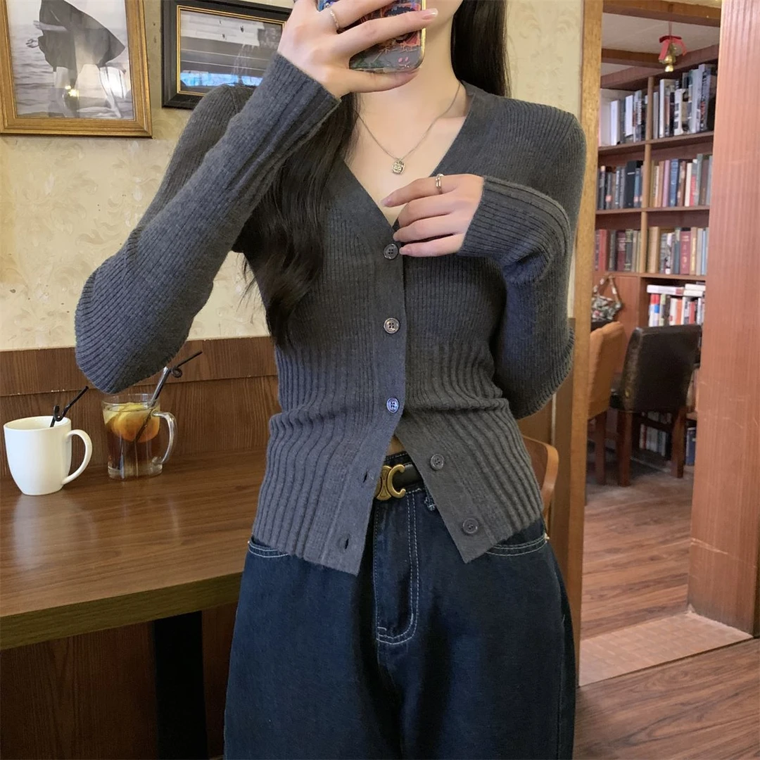 韩版淑女风百搭针织衫修身显瘦短款长袖时尚复古开衫早秋气质毛衣