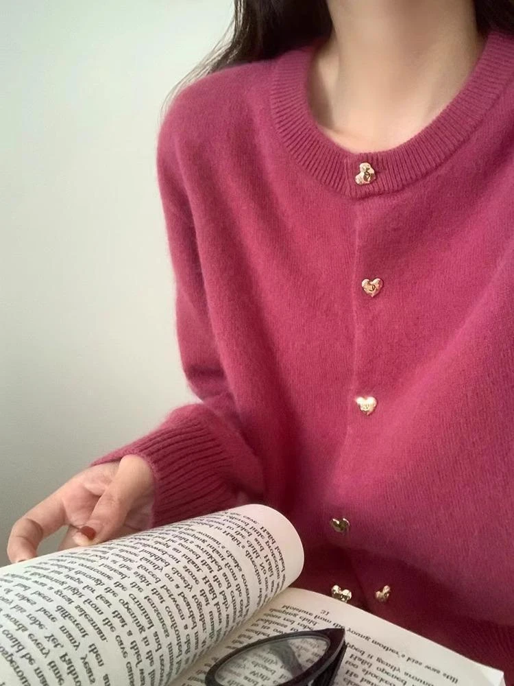 韩版减龄洋气针织衫圆领毛衣女外套时尚设计感慵懒风百搭软糯开衫