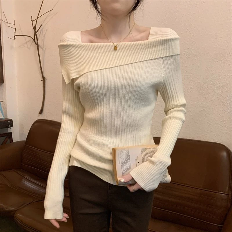 纯欲风一字肩针织衫女秋冬高级感内搭打底毛衣洋气辣妹露肩上衣潮