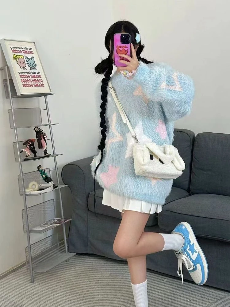 星星潮流秋冬保暖水貂绒加厚宽松减龄高领休闲提花套头上衣毛衣