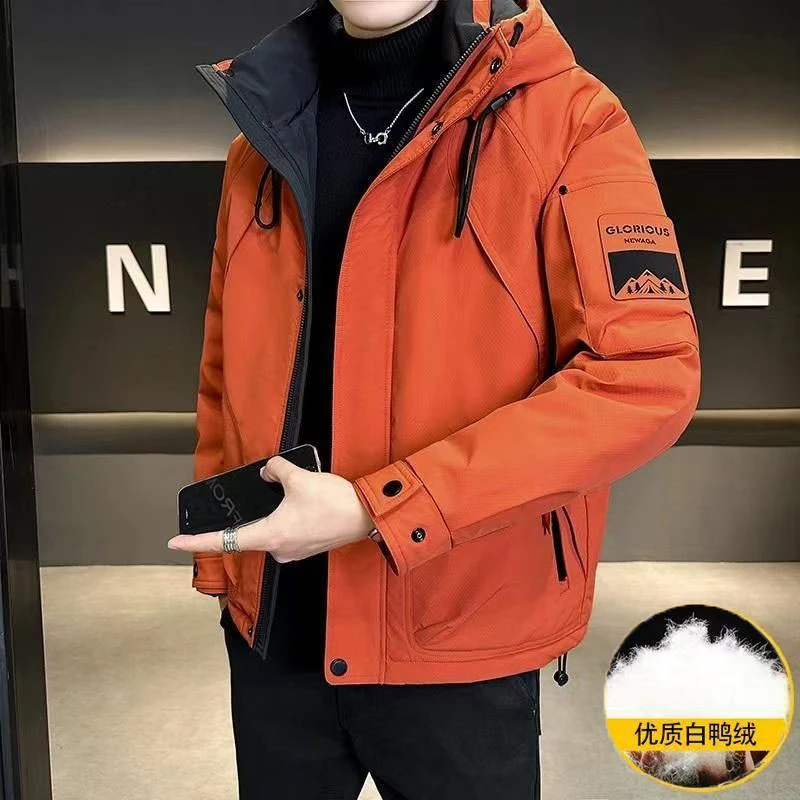 连帽羽绒服加厚男士短款2024冬季新款宽松工装鸭绒保暖外套冲锋衣