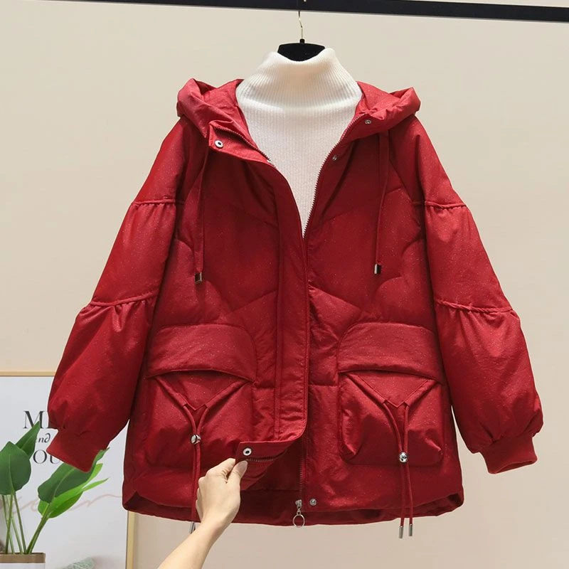 红色亮闪闪羽绒衣服女202冬季新款韩版加厚连帽宽松短款面包服潮
