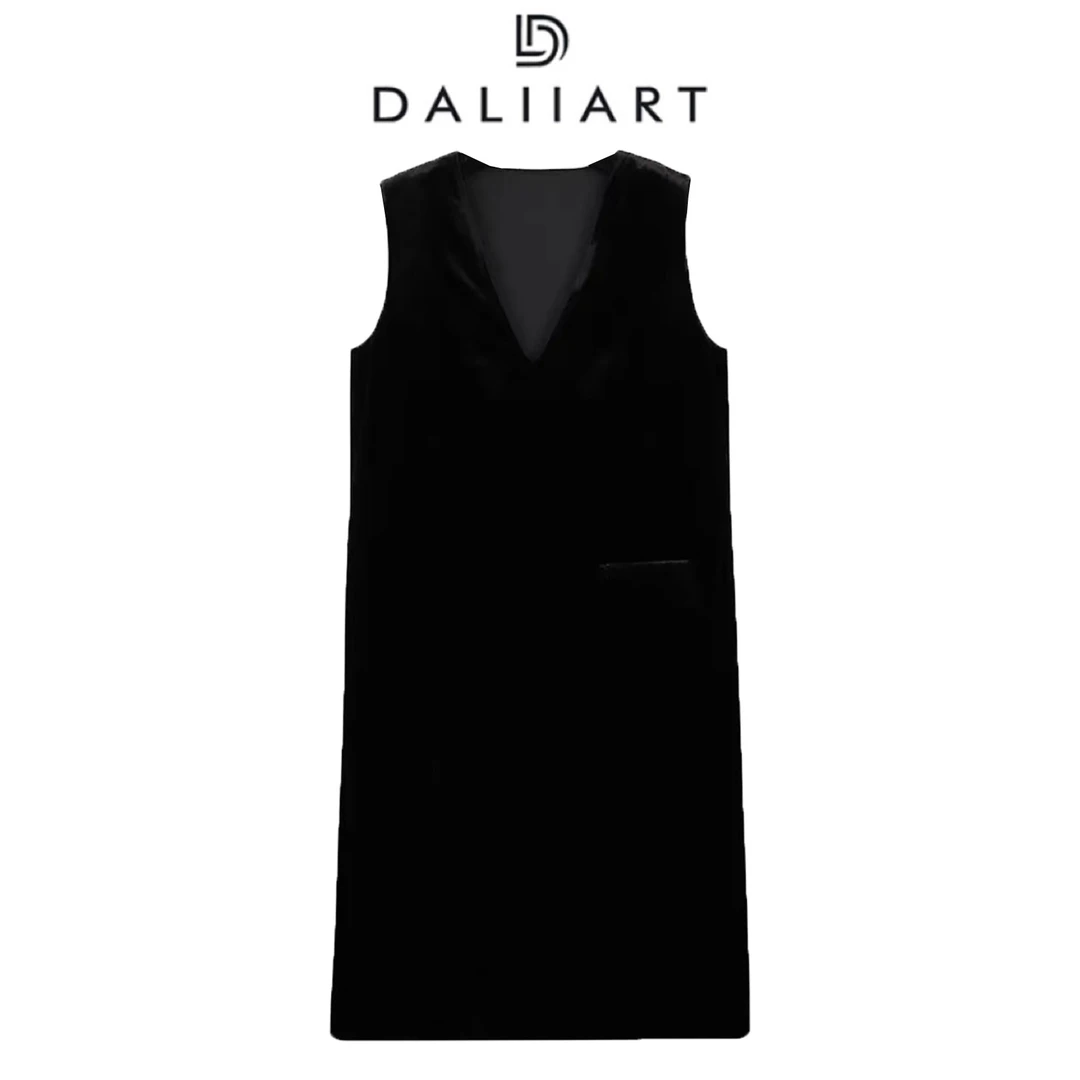 DALIART 丝绒小黑裙 100桑蚕丝H型V领套头真丝丝绒连衣裙DLQZ0594
