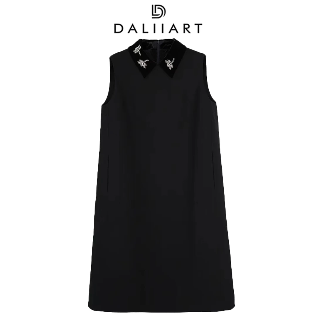DALIART 典雅小黑裙 日本复合丝万针刺绣丝绒无袖连衣裙DLQZ0598