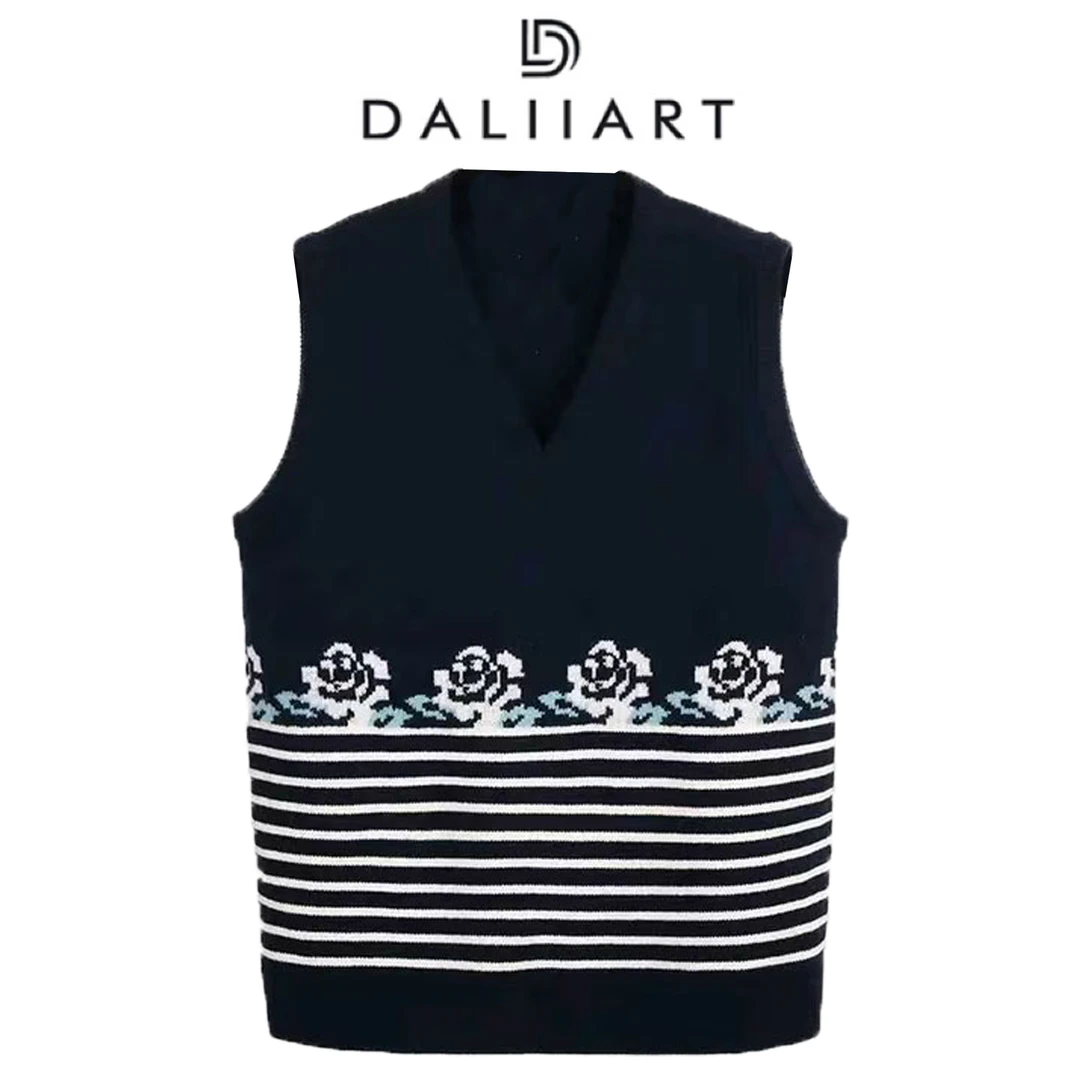 DALIART 玫瑰花园 羊毛V领条纹提花舒适百搭背心马甲DLTX0206