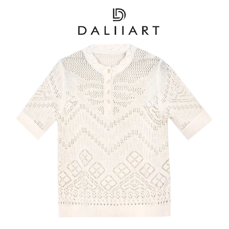大丽北欧风镂空小衫精美挑孔肌理亲肤透气圆领短袖针织衫DLTX1366