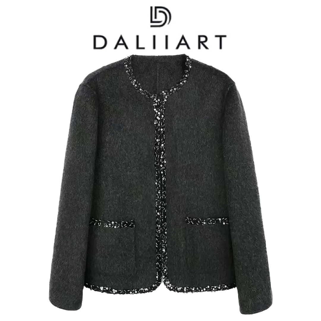 DALIART 拉菲城堡 100澳毛亮片绣花边小香风双面呢外套DLWT0966