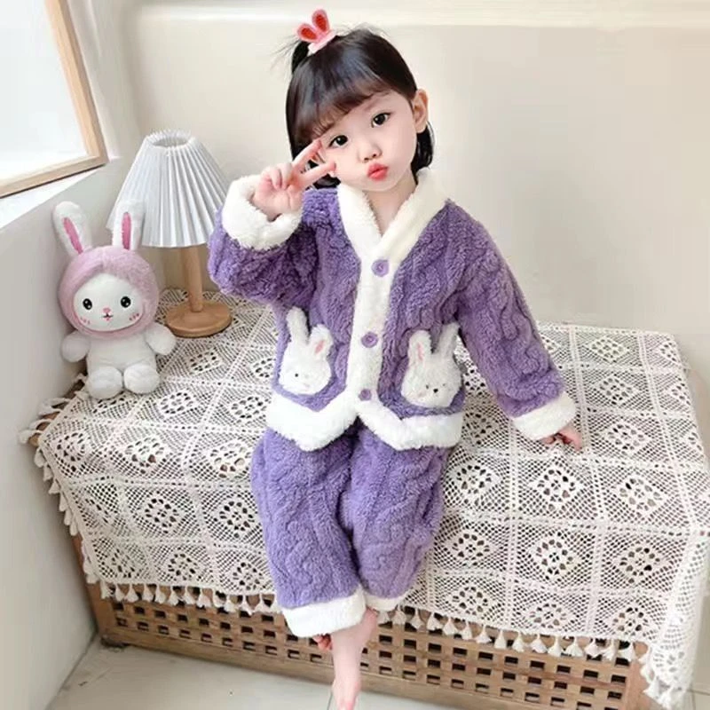 女童加绒加厚睡衣套装2023秋冬款法兰绒冬季女孩宝宝珊瑚绒家居服